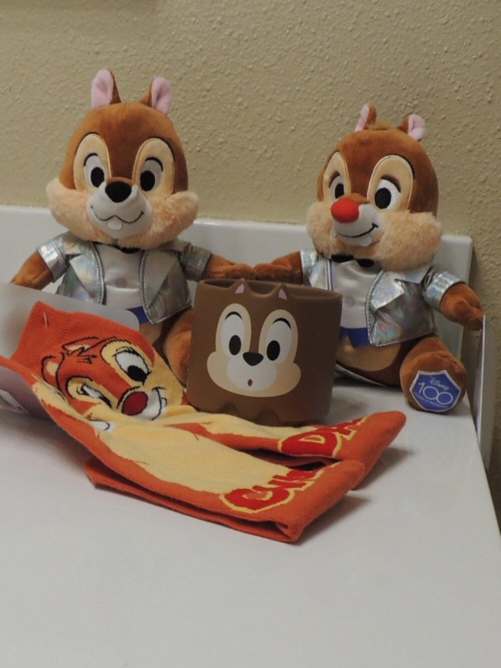 Disney Chip and Dale stuffed 100th anniversary, mug, and socks
